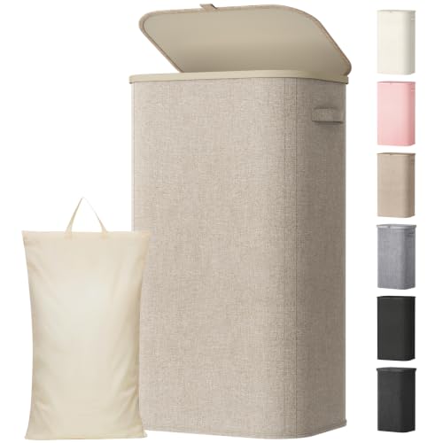 Lifewit 105L Wäschekorb mit Deckel, faltbarer Wäschesammler, Beige