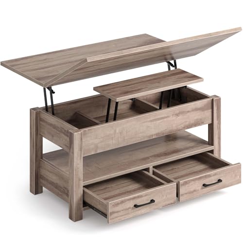 Rolanstar Couchtisch Höhenverstellbar, Wohnzimmertisch mit Schublade & verstecktem Fach, Kaffeetisch umwandelbar in Esstisch, 100 x 50 cm Sofatisch aus Holz