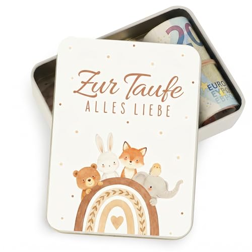 COMOOKA Taufgeschenke für Mädchen & Junge - Mini Metalldose mit süßem Tiere-Mustern - inkl. Blanko Taufkarte zum Gestalten - Personalisierte Geschenke zur Taufe - Geldgeschenk Taufe (115x85x22mm)