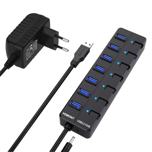 USB 3.0 Hub mit Netzteil,VEMONT 7 Ports USB Hub Aktiv USB Verteiler 5Gbps und Einzelne EIN/Aus-Schalter 1,2m langes Kabel für Apple MacBook Air/Pro/Mac mini/iMac/MacPro/PC/Laptops und Ultrabooks