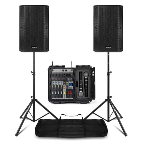 Vonyx PA Anlage Komplettset 1600 Watt – DJ Lautsprecher Set mit Mischpult und 2 Mikrofonen, inkl. Ständern, Bluetooth – Aktivboxen mit Verstärker – PA Lautsprecher Aktiv für Events, Karaoke