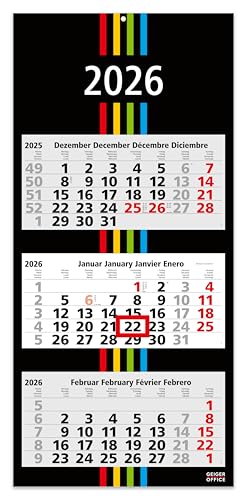 Geiger-Office 3-Monatskalender 2026 BLACK+STRIPES - Wandkalender 33 x 70 cm Großformat - Bürokalender mit 3 perforierten Kalenderblocks und Metallöse - Made in Germany
