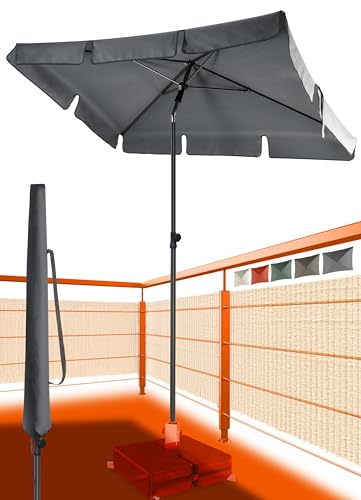 Menz Sonnenschirm Balkon inkl. Sonnenschirmhülle - UPF 50+ Sonnenschirm rechteckig für Sonnenschutz auf Balkon und Terrasse, 200 x 125 cm Balkonschirm rechteckig stabil, mit Knickfunktion, Anthrazit