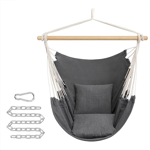 SONGMICS Hängesessel, Hängeschaukel, Hängestuhl mit 2 Kissen, Metallkette, bis 150 kg belastbar, Indoor und Outdoor, Wohnzimmer, Schlafzimmer, anthrazitgrau GDC187G02