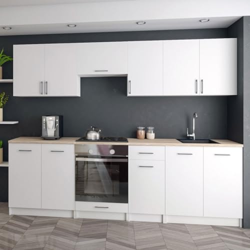 roe furniture Moderne Küchenzeile ohne Elektrogeräte in Mattweiß - Einbauküche mit viel Stauraum - Erweiterbares 2,4-m-Set inkl. Arbeitsplatten in Weiß - 240 x 82 x 46 cm (B/H/T)