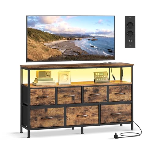 SONGMICS BELLAH Kollektion - Kommode, Schrank, App-gesteuerte LED-Beleuchtung, Sideboard mit Ladestation, 1 Ablage, 7 Schubladen, Industrie-Stil, vintagebraun-tintenschwarz LGS733KD01