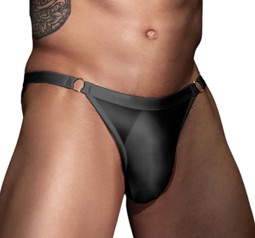 FEOYA Herren Glänzend Tanga Männer Low Rise Strings Transparent Unterwäsche Thong Sexy Slip Niedrige Schwarz