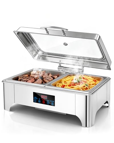 Chafing Dish Elektrisch, 9L Professioneller Speisenwärmer, Buffetwärmer mit Touchscreen Temperaturregelung und Glas Sichtschutzabdeckung, Edelstahl Warmhaltebehälter für Buffet und Party