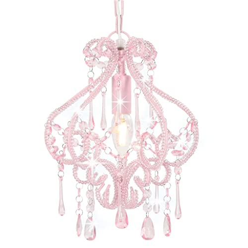 vidaXL Deckenpendelleuchte, E14 Lampen, 24x32 cm, rosa Metallfuß mit Acrylperlen, eleganter Kronleuchter für Schlafzimmer & Wohnzimmer, Hängeleuchte