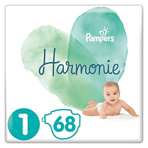 Pampers Harmonie Windeln, Größe 1, 2-5 kg, 0% Kompromiss, 100% Absorption, pflanzliche Inhaltsstoffe, antiallergen, 68 Windeln