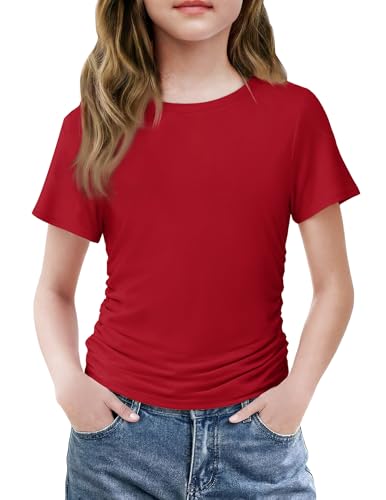 Arshiner T-Shirt Mädchen Rot Kurzarm Sommer Slim Fit Tshirts Kinder Rundhals Basic Top Kordelzug Mode Oberteil Casual Mode Tee für Mädchen 11-12 Jahre
