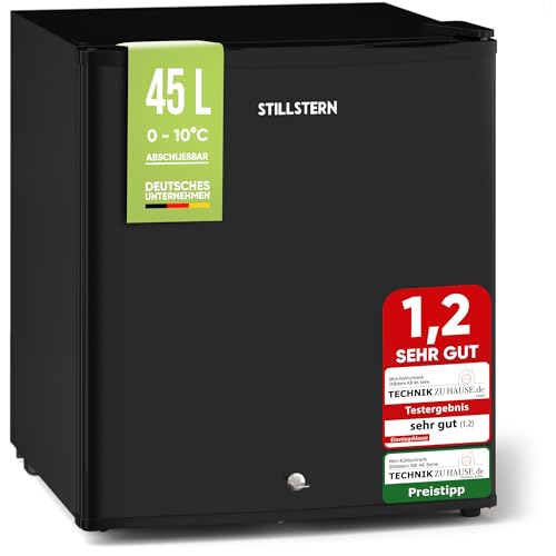 Stillstern Mini Kühlschrank E 45L mit Abtauautomatik, Schloss, Frostfach, Leise, Ideal für Küche, Büro, Schlafzimmer, Hotels und kleine Wohnungen Kühlschrank klein Minibar Getränkekühlschrank Schwarz