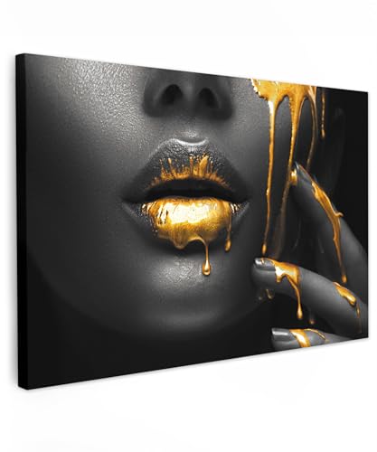 MuchoWow© Bilder Groß 120x80 cm XXL Wohnzimmer Deko Modern Wandbild Foto auf Leinwand Bild Schlafzimmer Room Decor Geschenke Frau - Schwarz - Gold - Gesicht - Lippen