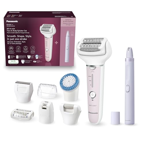 Panasonic ES-EYL9-P503 Kabelloser Nass-/Trocken-Epilierer & Augenbrauen-/Gesichtshaar-Epilierer-Set für Damen, Kurzhaarentfernung, 3 Geschwindigkeiten, Fußpflege- & Bikini-Aufsätze, Weiß/Hellviolett