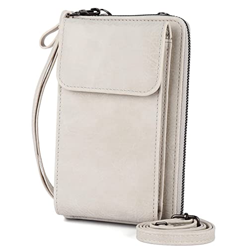 Kememo Handy Umhängetasche Damen, PU Leder Handytasche zum Umhängen mit Geldbörse Kartenfächer, Crossbody Umhängetaschen Geldbeutel Brieftasche Kleine Tasche, Cremeweiß