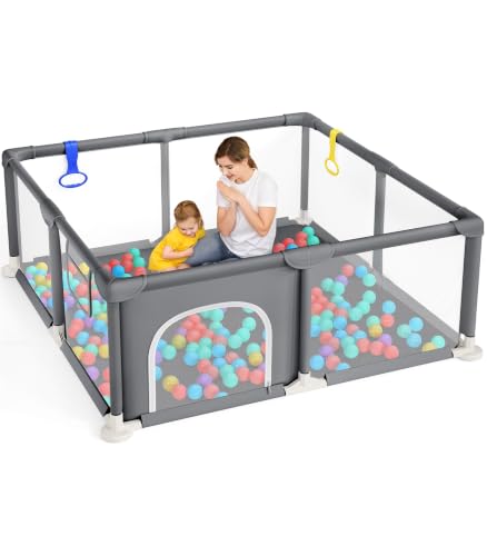 Dripex Laufstall Baby, Laufgitter 124×124cm, atmungsaktiv, Dunkelgrau