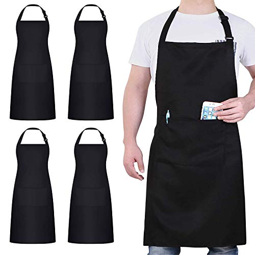 atopo 4 Stück Köche Schürze, Schwarz Schürze für Männer Frauen, Wasserdichte Küchenschürze mit 2 Taschen, Verstellbarem Nackenband Schürzen für Küche Kochen Backen Garten BBQ