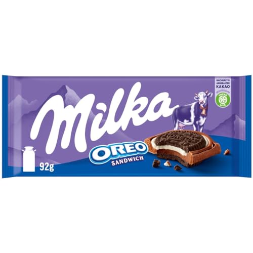 Milka Oreo Sandwich – Alpenmilch-Schokolade gefüllt mit knusprigen Oreo-Keks-Stückchen und feiner Vanillecrème – 92g