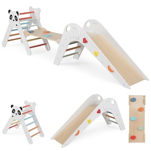 COSTWAY Kletterdreiecke Indoor 3er Set, klappabres Kletterdreieck mit Rutsche, Rampe, Kletterleiter, inkl. Baustein Set, Klettergerüst Holz, Sprossendreieck für Kinder ab 3 Jahr (Bunt)
