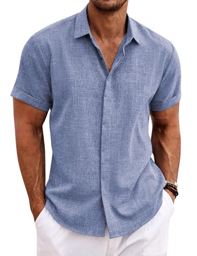 COOFANDY Herren Hemd Kurzarm Sommer Leinen Hemd Regular Fit Bügelfrei Leinenhemd Tiefes Blau L
