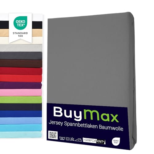 Buymax® Spannbettlaken 140x200cm Baumwolle 100% Spannbetttuch Bettlaken Jersey, Matratzenhöhe bis 25 cm, Farbe Anthrazit-Grau ÖKO TEX Standard