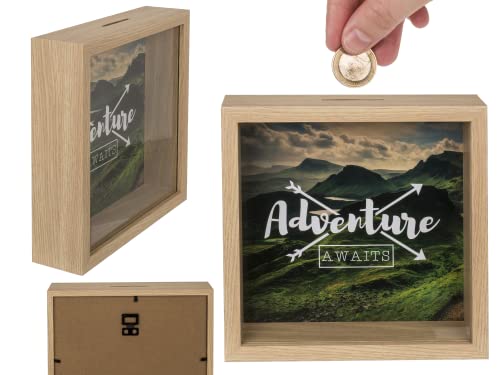 Holz-Spardose, Adventure Awaits, mit Rahmen, ca. 20 x 20 cm