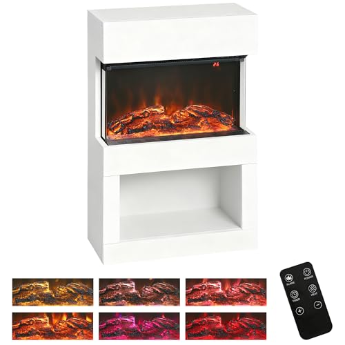 HOMCOM Elektrokamin mit Heizung, elektrischer Kaminmit LED Flammeneffekt, 6 Flammenfarben 1000/2000 W Dekokamin mit Timer, Einstellbarer Thermostat, Kaminofen mit Fernbedienung, Weiß