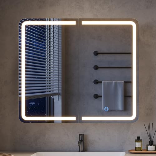 mojiasion 2-türiger Spiegelschrank Bad mit Beleuchtung – 70 cm breit, Alibertschrank mit LED, Touch-Sensor, 3 Lichtfarben, dimmbar & integrierter Ladestation (2 USB + 2 Steckdosen)