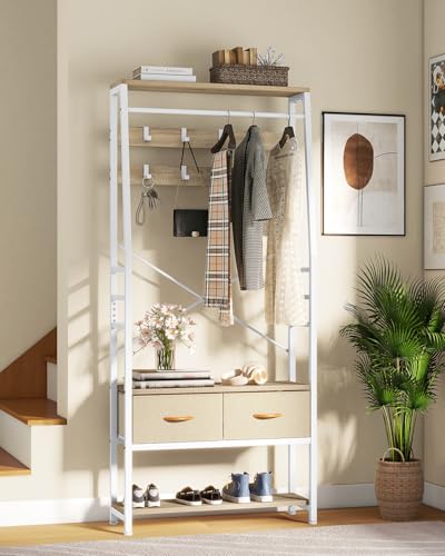 YITAHOME Garderobenregal mit Schuhschrank, freistehender Dielenbaum mit Bank und 2 klappbaren Schubladen, Industriegarderobe mit 8 Haken für Flur Wohnzimmer Schlafzimmer, Metallrahmen, Beige