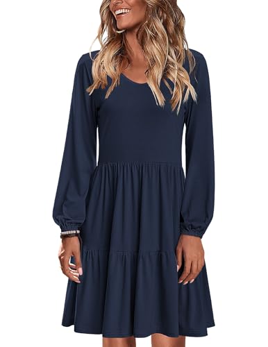Zeagoo Damen Kleider Langarm Herbstkleid A Linie Hohe Taille Winter Kleid Rundhalsausschnitt Elegante Winterkleider Navy Blue L