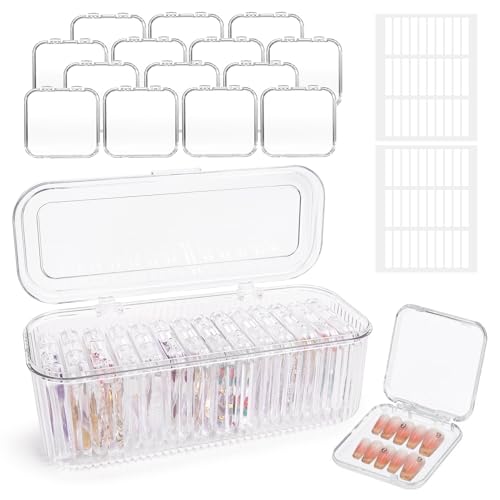 INMORVEN Nagel Aufbewahrungsbox Set – 14 Klare Press On Nail Boxen + 1 Große Box & 60 Klebepads – Ideal für Fake Nails, Gelnägel Zubehör & Nagellack Aufbewahrung (14 Stück Einzige Schicht)
