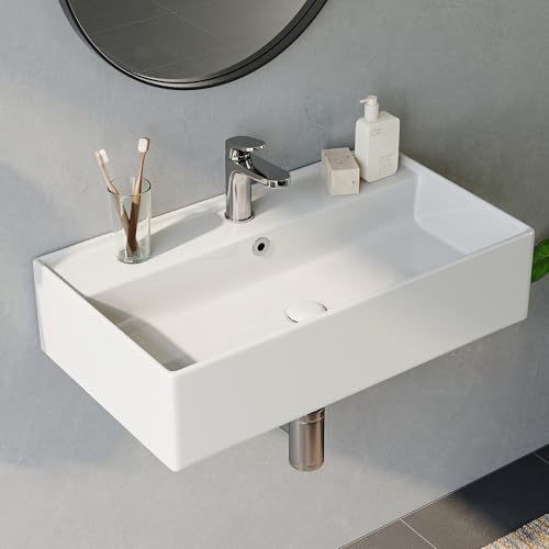 HOROW Waschbecken mit dünnem Rand Design, Rechteckig hängewaschbecken oder Aufsatzwaschbecken, mit hahnloch, Wand waschbecken Gäste WC, ideal für Bad und Waschraum geeignet