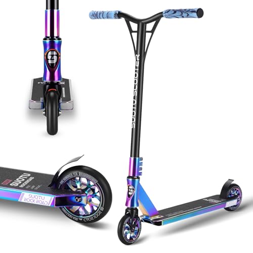 SUOTU Professioneller Stunt Scooter, 360° Lenkung, Stunt Roller mit 110mm 85A PU Räder, Stand Roller für Kinder Jugendliche und Erwachsene, Tragfähigkeit: 100 kg, Aluminium (Schwarz – Regenbogen)