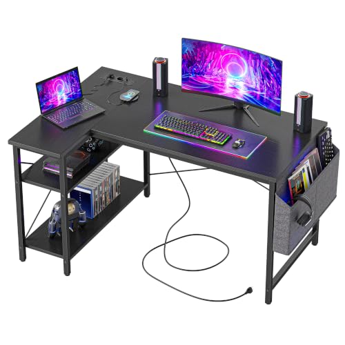 BEXEVUE Gaming Tisch mit Steckdosen, 100 x 70 cm, Reversibel L-förmiger Schreibtisch, Kleiner Computertisch mit Seitentaschen, Eckschreibtisch für Home Office Stärker X Form Halterung, Schwarz
