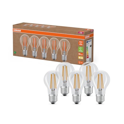 Osram Hocheffiziente LED Lampen mit Energieeffizienz Klasse A, Vorteilspack mit 5 Leuchtmittel, ersetzt herkömmliche 60W Glühbirnen, warmweiß(2700K), E27, Filament Glas, Klar