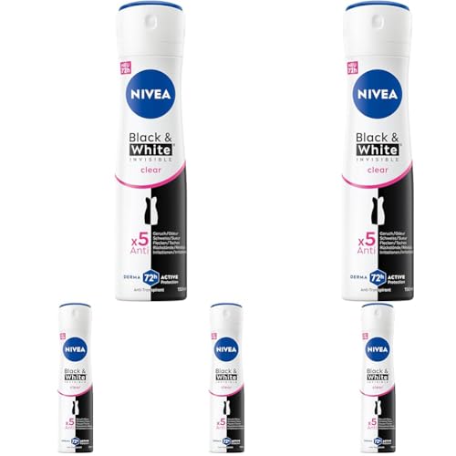 NIVEA Black & White Invisible Clear Deo Spray, Anti-Transpirant mit patentierter Anti-Flecken-Formel, Deodorant mit 72h Schutz (150 ml) (Packung mit 5)