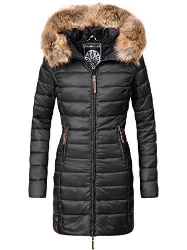 MARIKOO Damen Wintermantel warmer Steppmantel lang mit Kapuze und abnehmbarem Kunstfell-Kragen Rose Schwarz Gr. S