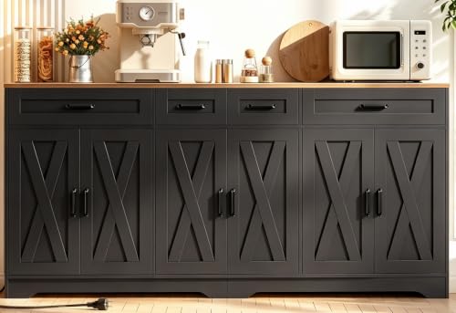 Wumagin Sideboard, 180cm Küchenschrank mit Arbeitsplatte, Sideboard Schwarz