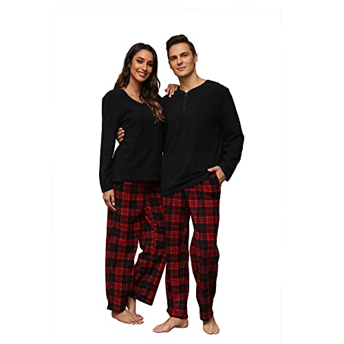 U2SKIIN Schlafanzug Damen Fleece Pyjama lang Karierte Schlafanzüge für Damen Kuschel Pyjama Set warme Nachtwäsche Loungwear (Schwarz/Rot-Schwarz Kariert-W, M)