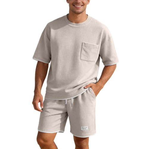 2 Teiler Herren Sommer, Outfit Herren Waffle Sportanzug T-Shirt Und Shorts Set Trainingsanzug Jogginganzug Kurz Zweiteiler Freizeitanzug Sport Kleidung Männer Große Größe S-4XL