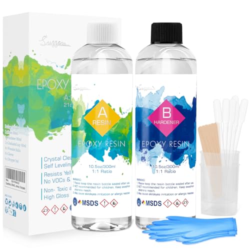 Epoxidharz, 600ml/21oz Glasklar Epoxidharz mit Härter 1: 1 Verhältnis mit Handschuh, Messbecher, Holzstäbchen, Pipetten, Geruchsarm Gießharz für Kunstgießharz, Schmuck, Tischplatte