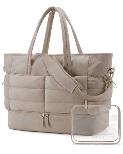 BAGSMART Puffer Reisetasche Groß 38l Sporttasche Damen Mit Schuhfach, Weekender Damen kliniktasche geburt Wasserabweisend HandgepäCk Tasche, 47*21*39cm Weiches Dickes StrapazierfäHiges Taslon, Kamel