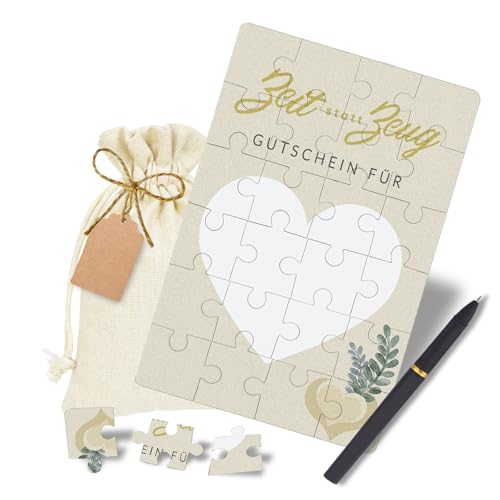KCatsy Zeit statt Zeug Puzzle Geburtstagskarte - Gutscheine zum selber ausfüllen Gutschein Geburtstag - Gutschein Verpackung Personalisierte Geschenke Idee mit Baumwollsäckchen Stift Geschenkanhänger