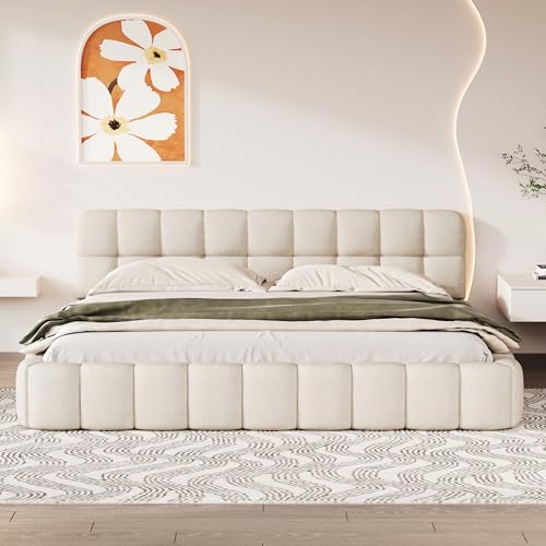 DAHUEN Polsterbett 160x200 mit Lattenrost, Doppelbett, Bubble Bett, mit Gepolstertes Kopfteil, Baumwoll- und Leinenmaterial, Tatami-Stil, Für Erwachsene und Jugendliche (Beige, 160x200 cm)