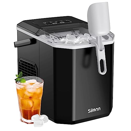 Silonn Eiswürfelmaschine mit Tragegriff & Eiskorb, Mini Ice Maker mit Selbstreinigung, 9 Eiswürfel in 6 Min., 12 kg/24 Std., 2 Eiswürfelgrößen, Tragbar für Küche, Büro, Camping & Party