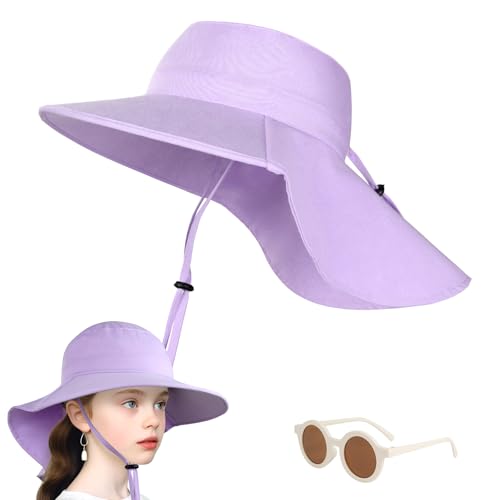 DiULi Sonnenhut Baby, UV Hut Kinder mit Verstellbarem Bindeb?ndern und Gl?Ser, Eimer Hut Breite Krempe Kappe mit Nackenschutz, Gr??enverstellbarer für Unisex, UPF 50+, Lila