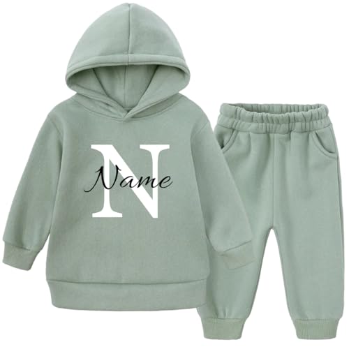 Ahoiikids Personalisierbarer Kinder Jogginganzug mit Kapuze - Khaki, 2-teiliges Fleece Set, Warm und Bequem