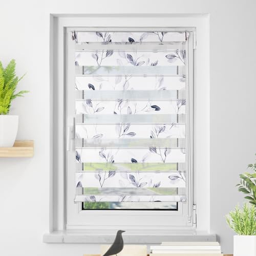 Deswell Doppelrollo Klemmfix ohne Bohren Weiß-blätter B70 x H120 cm (Stoffbreite 66cm) Doppelrollo mit Muster, Duo Rollos für Fenster ohne Bohren Rollos mit Motiv, Seitenzugrollo Lichtdurchlässig