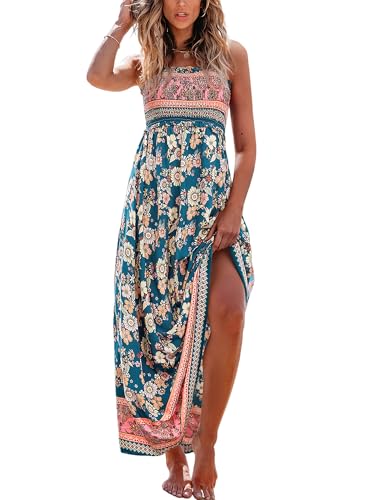CUPSHE Damen Sommerkleid Gesmokt Ärmellos Maxikleid Rüschen Spaghettiträger Lang Freizeitkleider Maxi Dress Marineblau mit Blumenmuster L