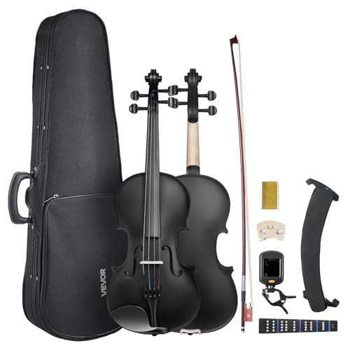 VEVOR Violine 4/4, 584,2 mm Armlänge, Geigenset mit Hartschalenkoffer, Kolophonium, Bogen, Schulterstütze, Steg, Stimmgerät & zusätzlichen Saiten, Massivholzinstrumente (schwarz)